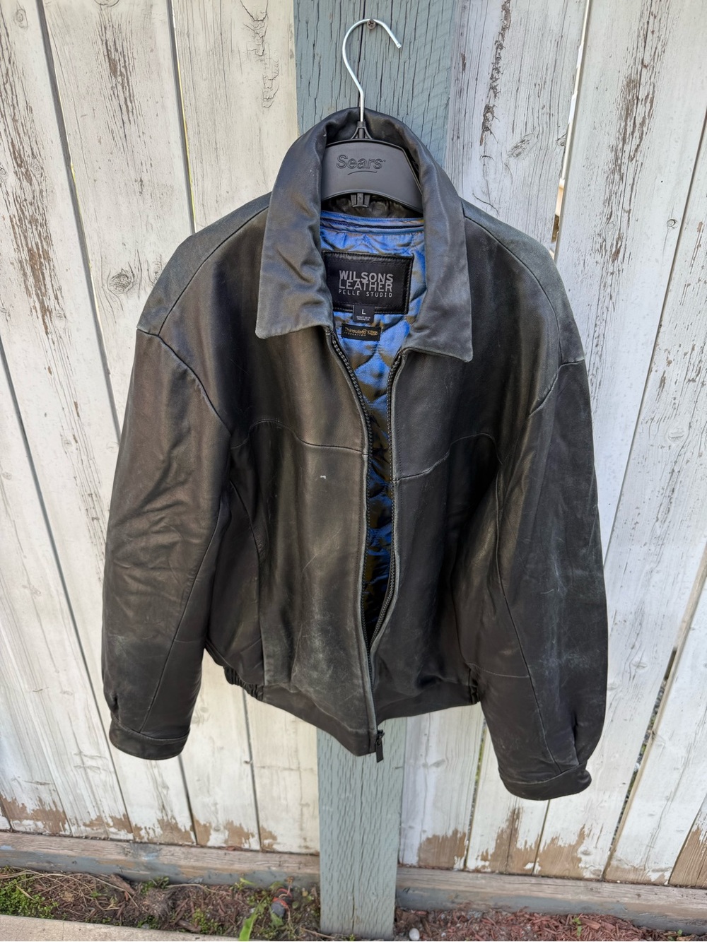 Wilsons Leather Black Leather Bomber Jacket with Blue Lining Size Large